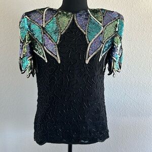 Vintage Lawrence Kazar Beaded Black Blue and Purple Sequin Silk Top Size Small